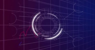 Yükleme merkezindeki HUD darbelerinde, segmentler süpürülüyor, sol grafikler eğilimleri göstermek için yüzde yüz değişiklikleri takip ediyor. Konsantrik, arayüz, fütürist, kablo çerçevesi, gradyan, perspektif, ızgara