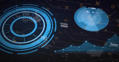 Yükleme sırasında, mavi eşmerkezli halka HUD döndürme, turta grafiği kama ve alan grafiği görselleştirme verileri senkronize ediliyor. Fütürist, arayüz, torpido, neon, ızgara, altıgen, bal peteği