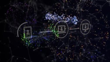 Parçacıkların patlaması, zincir oluşturan üç bağlantılı aygıt simgesi, akan noktalar, veri gösteren ağ. Triad, devreler, neon, soyut, fütüristik, takımyıldız, görselleştirme