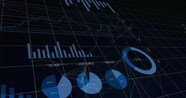 Eğimli ızgarada dijital gösterge paneli gösteriliyor, çubuk ve çizgi grafikleri gösteriliyor, donut grafiği. Dataviz, perspektif, 3d, neon, mavi, ağ, analiz