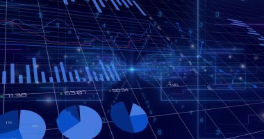 Sanal panelde 3 boyutlu veri görselleştirmesi gösteriliyor, çubukları, dilimlenmiş turtaları, çizgi grafiklerini, düğümleri gösteriyor. Gelecekçi, gösterge paneli, neon, ızgara, derinlik, analiz, ölçüm