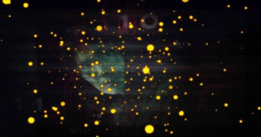 Parlak küme kehribar düğümleri ve gök mavisi bulutu devre izleriyle karanlık siber boşlukta derinlik yaratıyor. Neon, küreler, nebula, parçacıklar, soyut, dijital, ağ