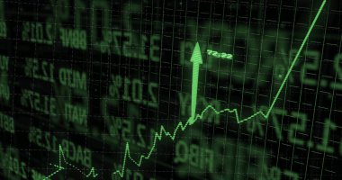 Piyasa ekranında yeşil noktalı çizgi ve yükselen büyük yukarı doğru ok, ızgara örtüsü gösteriliyor. Monokrom, neon, parıltı, ekran, analiz, finans, veri