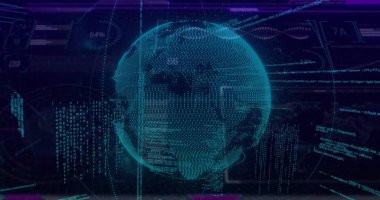 Gösterge panelinde dönen holografik küre yansıtılıyor, alfanumerik akımlar ve kod panelleri gösteriliyor. Küre, veri, analiz, görselleştirme, arayüz, fütüristik, neon