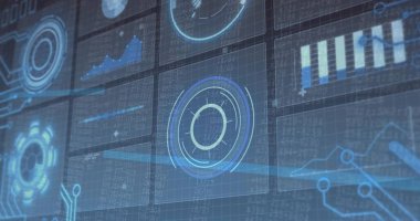 Kontrol merkezi ekranında merkezi dairesel HUD ögesi gösteriliyor, grafikler ve kod matrisi gösteriliyor. Halkalar, gösterge paneli, gerçek zamanlı, analitik, devre, ızgara, neon