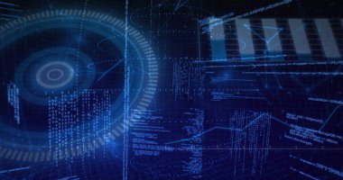 Sanal veri alanında dönen holografik dairesel HUD gösterimi, kod akışlarını ve grafiklerini gösteriyor. Fütürist, neon, parlayan, arayüz, ızgara, görselleştirme, analiz