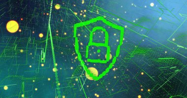 Pikselleştirilmiş asma kilit içeren parlak neon-yeşil kalkan turuncu kürelerle devre ızgarasında asılı duruyor. Siber güvenlik, ağ, dijital, bariyer, kilit, devre, ağ