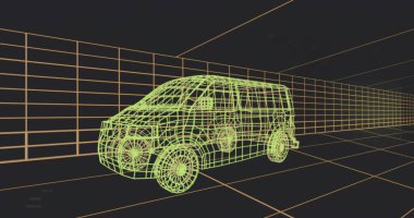 Sanal 3D modelleme stüdyosunda turuncu ızgaralı neon yeşil kablo karavanı döndürüyor. Otomotiv, perspektif, ağ, geometri, dijital, boşluk, fütürist