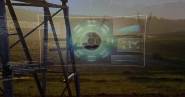 Karanlık çöktüğünde kule ve panellerle dairesel merkezleri gösteren açık hologram arayüzü yüzüyor. Holografik, gösterge paneli, kırsal, pilon, gün batımı, ızgara, etkileşim