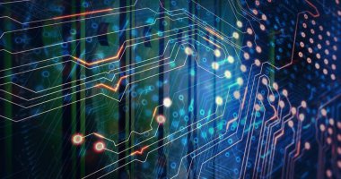 Akan soyut devre ağı dijital uzayda parlayan izler ve düğümler gösteriyor. Neon, devre, siber, sanal, ızgara, piksel, parlaklık