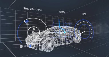 Sanal 3D ızgarada merkezli kablosuz yolcu SUV modeli gösteriliyor. Navigasyon, yakıt 114, bat12% gösteriyor. Gelecekçi, otomotiv, konsept, telemetri, hud, gösterge paneli, elektrik