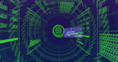 Sanal 3 boyutlu tünelde yanıp sönen merkezi veri düğümü holografik paneller ve sayılar gösteriyor. Siber uzay, neon, arayüz, fütüristik, görselleştirme, analiz, akış