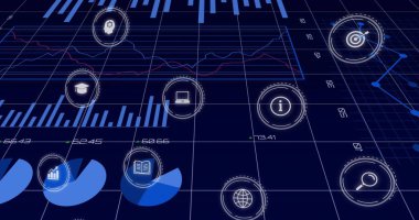 HUD simgeleri, pasta grafikleri ve grafikleriyle sanal ızgaraya odaklı dijital analiz panelini gösteriyor. Veri, metrik, içgörü, arayüz, perspektif, yüksek teknoloji, fütürist