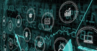 Baş harf simgeleri ve noktalı çizgiler yukarı doğru eğilimli olarak gösteriliyor. Analizler, görselleştirme, arayüz, veri, eğilim, içgörü, geleceksel