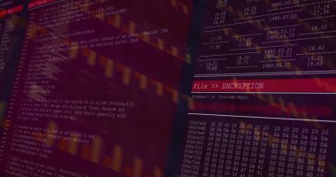 Şifreleme arayüzünü kod ve altıgen dökümü ile güvenlik konsolunda gösteren bilgisayar ekranı gösteriliyor. Siber, veri, kriptografi, izleme, çalışma istasyonu, analiz, neon