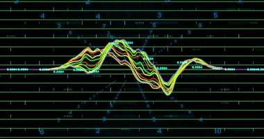 Sanal gösterge panelinde salınan neon dalga formu demetleri yeşil ızgara ve işaretleri gösteriyor. Parıltı, çizgiler, sinyal, üçlü, fütüristik, bilgi, dijital