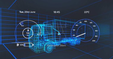 Sanal şebeke tünelinde seyahat eden parlak mavi kablo yarı kamyon, HUD 114 km batarya% 12 gösteriyor. Neon, cyan, holografik, arttırılmış, gerçeklik, simülasyon, arayüz