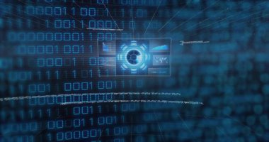 Siber uzayda yüzen halkaları ve yüzen panelleri ikili diziler arasında parlayan merkezi HUD. Soyut, neon, matris, ızgara, veri, görselleştirme, holografik