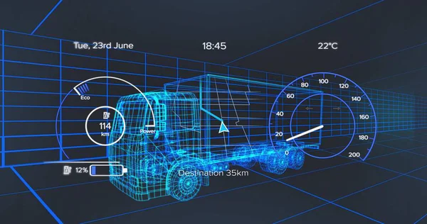 Sanal şebeke tünelinde seyahat eden parlak mavi kablo yarı kamyon, HUD 114 km batarya% 12 gösteriyor. Neon, cyan, holografik, arttırılmış, gerçeklik, simülasyon, arayüz