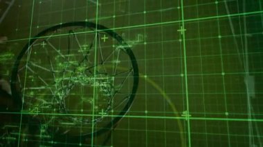 Top sol üstten yaklaşırken oyuncu çembere uzanıyor, top HUD spor sahasının altında deforme oluyor. Hoop, court, gymnasium, augated, overlay, grid, atlet