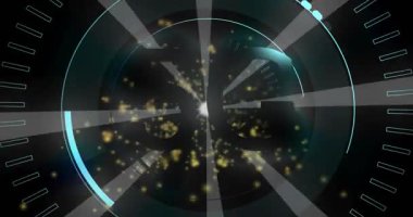 Merkezden başlayan altın kıvılcımlar 5G 'nin ortaya çıkmasına yol açarken HUD halkaları dönüyor ve hızı vurguluyor. Gelecek, tipografi, parıltı, hareket, parçacıklar, daireler, eşmerkezli