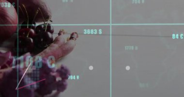 Turkuaz şebeke ortaya çıkarken el ele tutuşan meyveler, para birimi eğilimlerini gösteren ve yükselen çubuklar. Stilllife, flatlay, minimal, modern, grafikler, bilgi grafikleri, finans