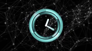 Kısmi cyan halka ortaya çıkıyor, saat şekilleniyor, eller dönüyor, kavisler kaldırılıyor, ağ gösteriliyor. Zaman aralığı, soyut, dijital, neon, ağ, parallax, hareket