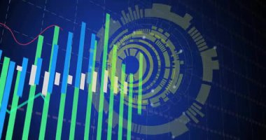 Veri güncellemesinde, HUD halkaları azaldıkça, dikey çubuklar büyür ve yer değiştirir, trendleri görselleştirir. Gösterge paneli, görselleştirme, sütunlar, hareket, daireler, perspektif, neon
