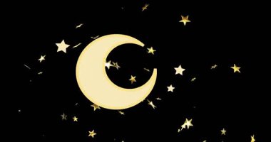 Soluk ay sabit, altın yıldızları yörüngeye gönderen kıvılcımlar kümeleniyor ve dekor için dağılıyor. Ay, gök, yörünge, ışıltı, yıldız alanı, animasyon, asgari