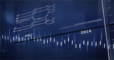 Veri güncellemesinde, gösterge paneli turuncu çizgi çizerken beyaz trend çizgisi yoğunlaşarak eğilimleri vurguluyor. Zaman çizelgesi, görselleştirme, bilgi grafiği, grafik, neon, koyu mavi, kablo çerçevesi