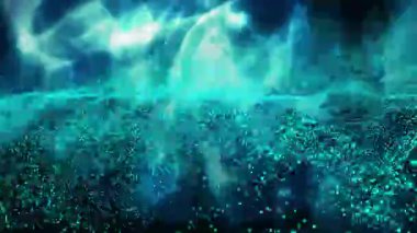 Aurora parlaması, deniz mavisi parçacığının dalgalanmasına ve bokeh 'in yükselip bulut bağlantısını göstermesine neden oluyor. Noktalar, neon, parıltı, dalga, ızgara, sıvı, evren