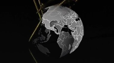 Beyaz sınırlar ortaya çıkıyor, dünya batıdan doğuya dönüyor kıtaları ve vidaları reklam için ortaya çıkarıyor. Küre, şeffaf, metalik, pirinç, yörünge, yansımalar, minimum