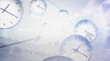 Alevli saat kümesi çapraz sürüklenir, döner ve ölçeklenir, geçen zamanı görselleştirir. Saat, kaplama, ufuk çizgisi, şehir, sis, parıltı, animasyon