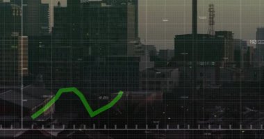 Yeşil çizgi çizelgesi nabız attıktan hemen sonra canlanıyor, tepe noktalarını, düşüşleri çekiyor, piyasa eğilimini göstermek için tırmanıyor. Skyline, urban, city, grid, overlay, data, görselleştirme