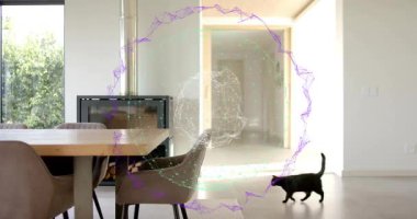 Telefondaki kadın, önlük bağlıyor, elleriyle dijital küreyle evde pişirmek için hamur yoğuruyor. Yemek, ekmek, mutfak, veranda, kedi, minimalist, parlak