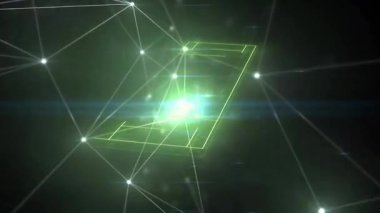 Neon yeşil kablo düzlemi karanlık boşlukta beliriyor, dönüyor, nabız atıyor ve sürükleniyor, ağı gösteriyor. Siber uzay, soyut, ışıltı, ızgara, hareket, fütüristik, dijital