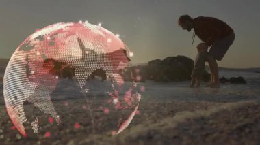 Köpekler koşarken insanoğlu sörf yapmak için bebeği kaldırıyor ve teknolojiyi gösteren küresel bir örtüye neden oluyor. Sahil, gün batımı, kıyı şeridi, dalgalar, kum, ufuk, siluet