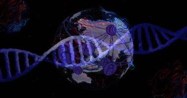 Helix sağa kayıyor, dünya üzerinde oluşan düğümleri başlatıyor ve ağ bağlantılarını haritalıyor. Neon, uzay, DNA, şeffaf, topografik, fütüristik, soyut