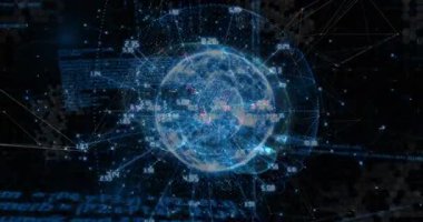 Gelen veri geliyor, veri küresi parlıyor, dönüyor, ağ etkinliğini göstermek için düğümleri birbirine bağlıyor. Holografik, küre, kablo, nokta bulut, konsantre, yörünge, neon