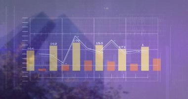 Başlangıçta şeffaf analitik gösterge paneli genişletiliyor, eğilim değerlerini göstermek için çubuklar ve satırlar güncelleniyor. Görselleştirme, analiz, grafik, açık hava, dağ, gradyan, mor