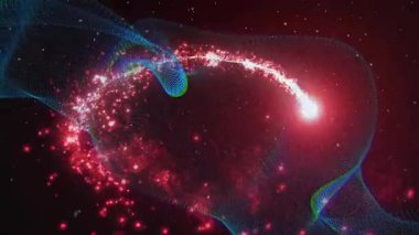 Parlak kırmızı-beyaz çekirdek şerit kenarında beliriyor, parçacıkların iz sürme döngüsü yayarak ağı parlaklaştırıyor. Kozmik, parçacık, yay, ışıltı, soyut, bilim kurgu, yıldız alanı