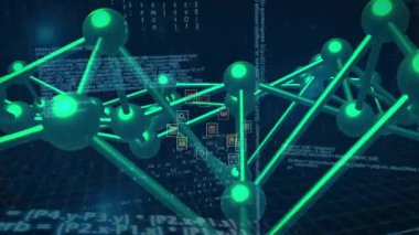 Kamera yeşil kafes titreşimli çubukları geri çekiyor. Dönen kod sütunları çekirdek simgelerini ortaya çıkarıyor. Ağ, sinir, düğümler, parıltı, neon, dijital, fütüristik