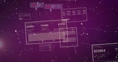 Klavye ızgarası ve UI panelleri düğüm darbesinden hareketlendiriliyor, sayaçlar yükselirken gruplandırılıyor, veri gösteriliyor. Ağ, gösterge paneli, görselleştirme, analitik, soyut, geleceksel, neon