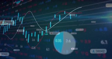 Veri kaynağı başlatılıyor, çizelge mumların yükseldiğini ve düştüğünü gösteriyor, rozetler piyasa eğilimini gösteriyor. Gösterge paneli, finans, analiz, görselleştirme, parallax, hareket, programcıklar