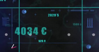 Başlangıçtaki finans tablosunda teal ızgara çubukları üzerinde yükselen beyaz, morumsu çizgiler eğilimleri gösteriyor. Turkuaz, hud, arayüz, animasyon, veri, analiz, görselleştirme