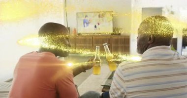 Baba ve oğul televizyon seyrediyor, kadeh kaldırırken altın parıltı şişelerin etrafında dönüyor, tepki veriyor. Kanepe, oturma odası, televizyon, tost, içecek, aile, erkekler