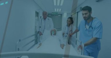 Bakım ekibi sedyeyi koğuşa iterek transferde enkronizasyon örtüşmesine ve oksijen seviyesini izlemesine neden oldu. Hastane, koridor, sedye, klinisyenler, oksijen, steteskop, veri