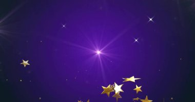 Mutlu Diwali metinleri çözerken ve parlarken merkezi alevler parlarken, neşeli selamlaşmalar ortaya çıkıyor. Senaryo, altın, yıldızlar, konfeti, ışıltı, gradyan, mor