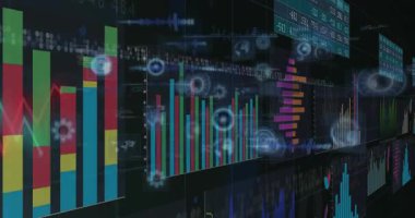 Kamera düzgün çalışıyor, veri duvarı grafikleri ve titreşen yüksek çözünürlüklü halkaları gösteriyor, analitiği görselleştiriyor. Gösterge panelleri, arayüzler, görselleştirme, ölçüler, animasyon, dijital, fütüristik