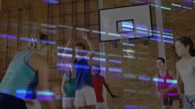 Okulun spor salonunda atış yapmak için top sürerken gardiyanlar blokluyor, mavi çizgiler arızalanıyor. Basketbol, backboard, jant, court, young, woman, team